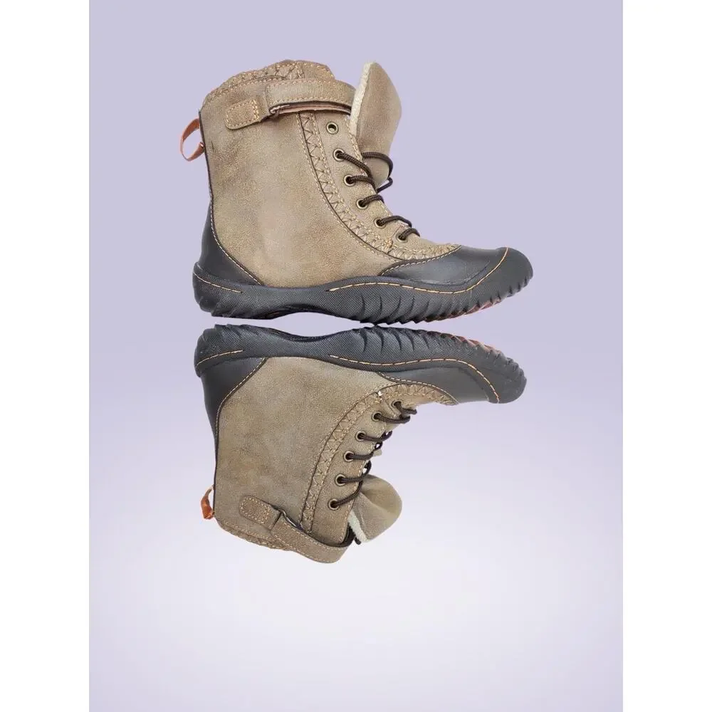 J-41 AdventureOn Boys Ankle Boots Tan/Black Lace Up Faux Fur Lined US 6.5M
